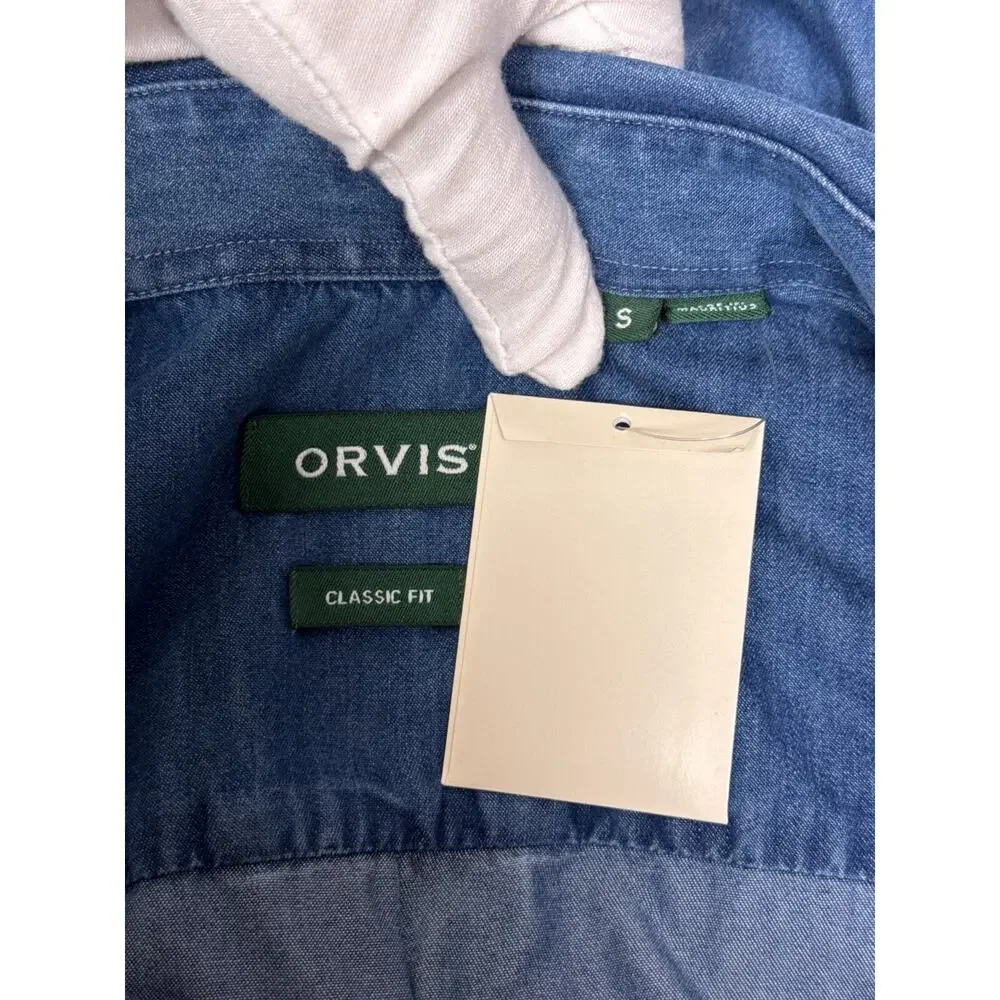 New Orvis Denim Shirt Small Mens Classic Fit Blue Work Shirt Long Sleeve